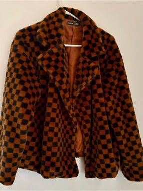 SHEIN Brown & Black Check Faux-Fur Blazer XL